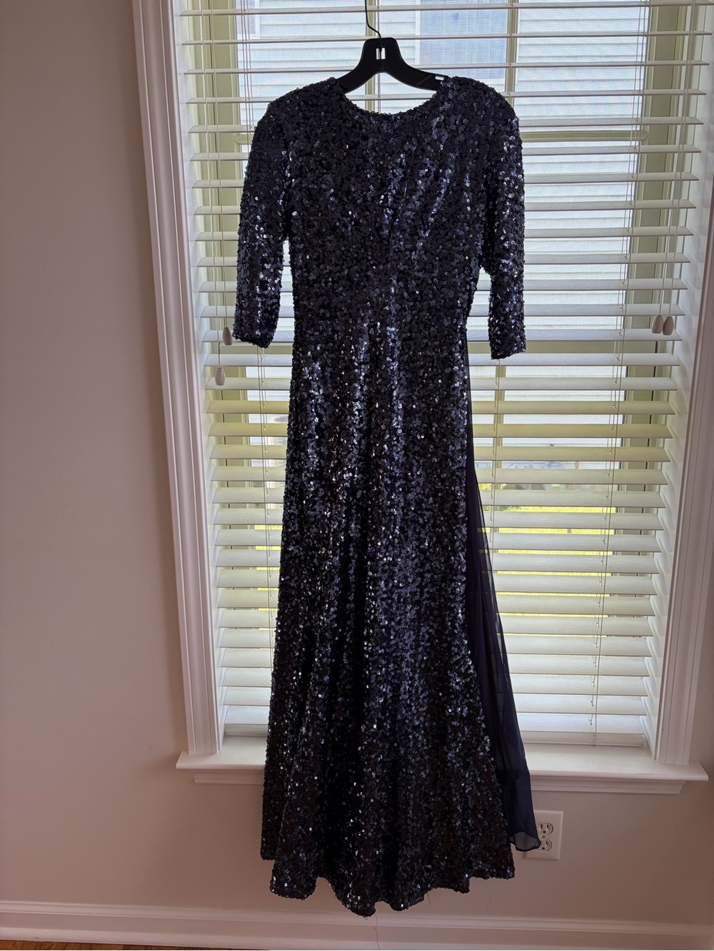 Modest Elegant Navy Sequin Long Sleeve Evening Gown